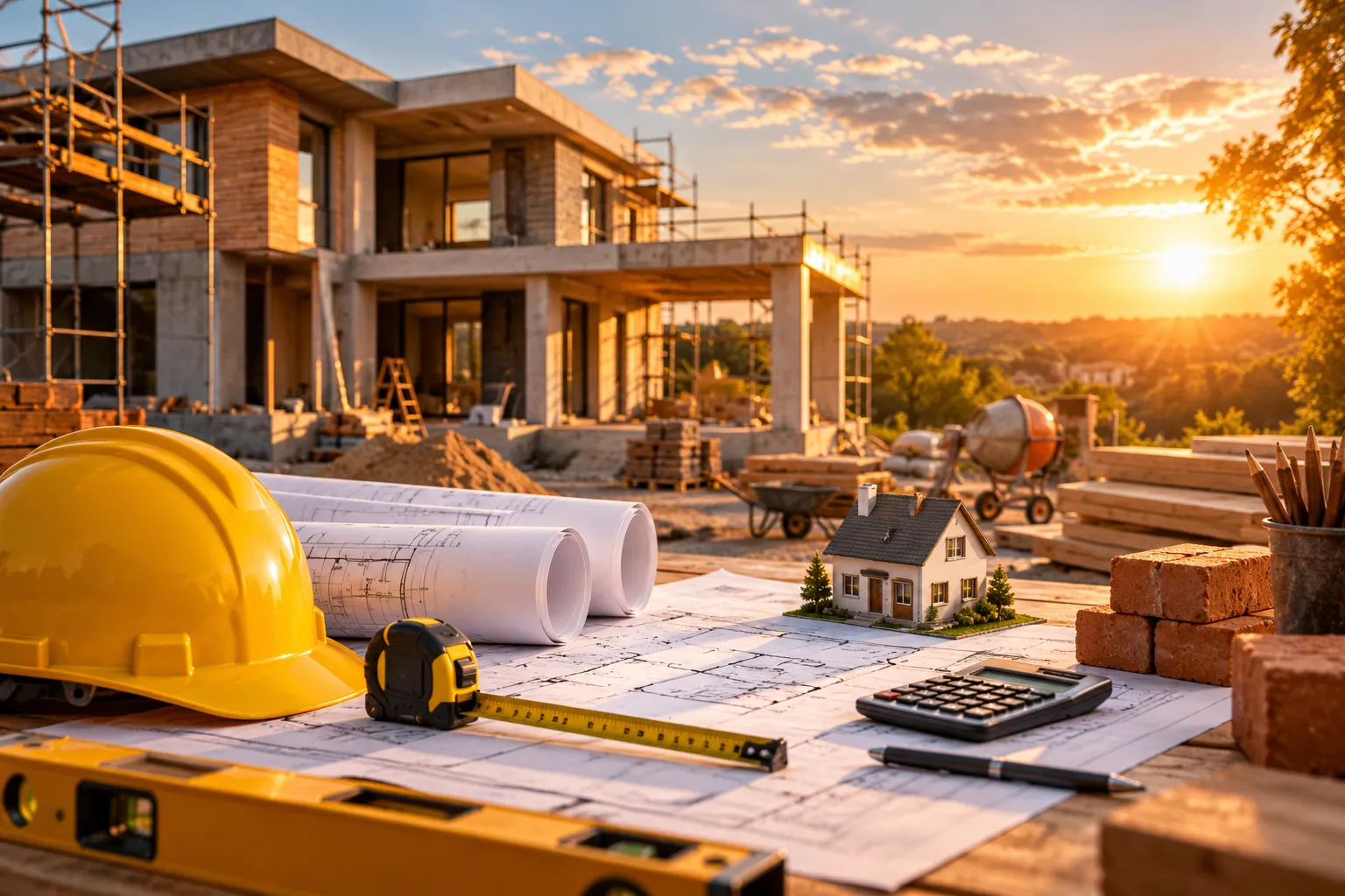Obra de uma casa ao pôr do sol com capacete, plantas do projeto e miniatura de casa